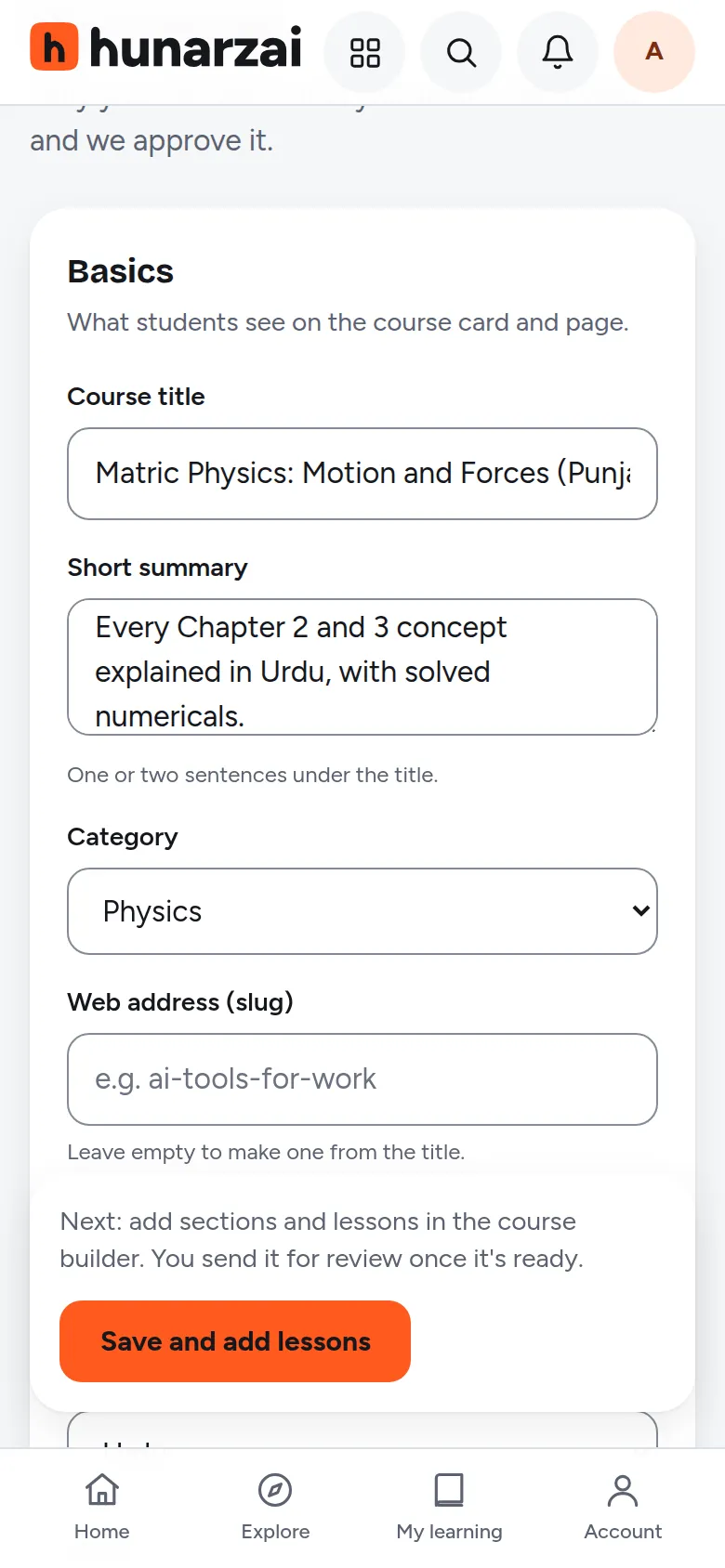 The top of the new course form: title, summary, category and course type