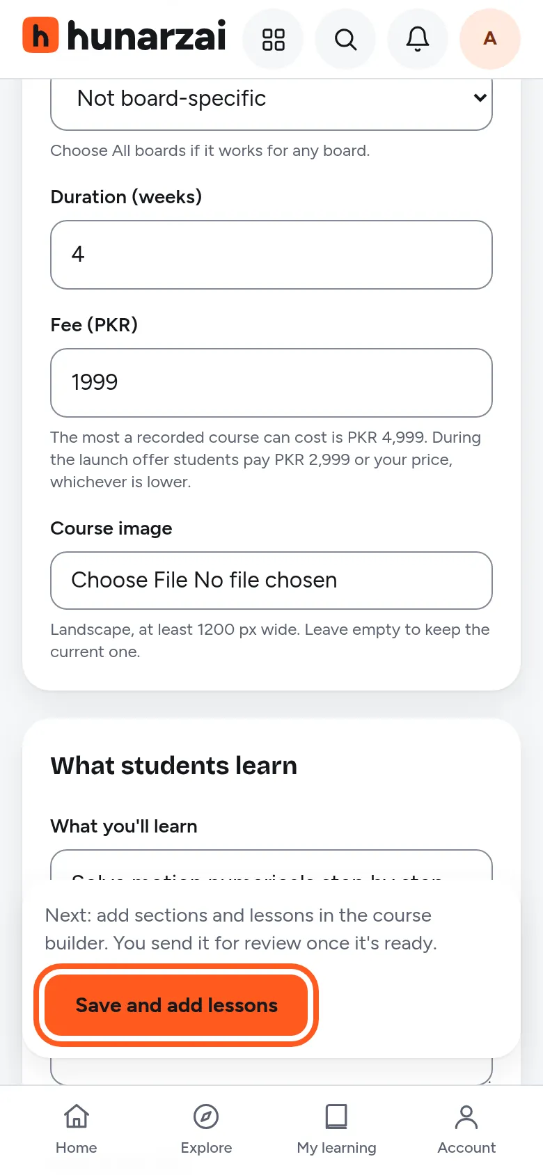 The fee, course image and what you'll learn fields, with the Save and add lessons button