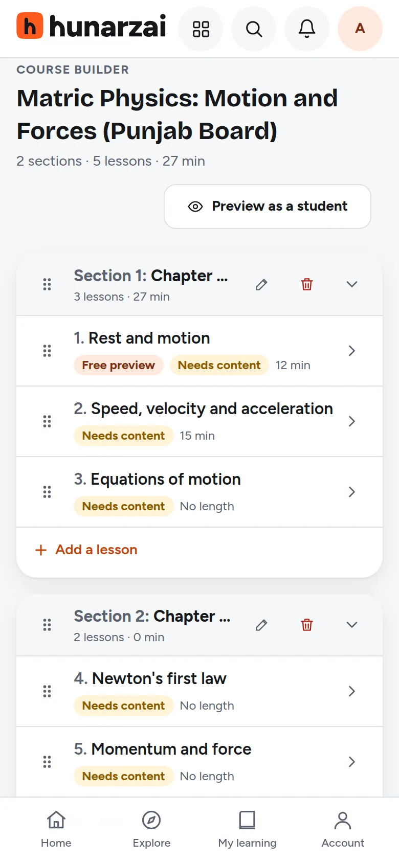 The course builder with sections and lessons