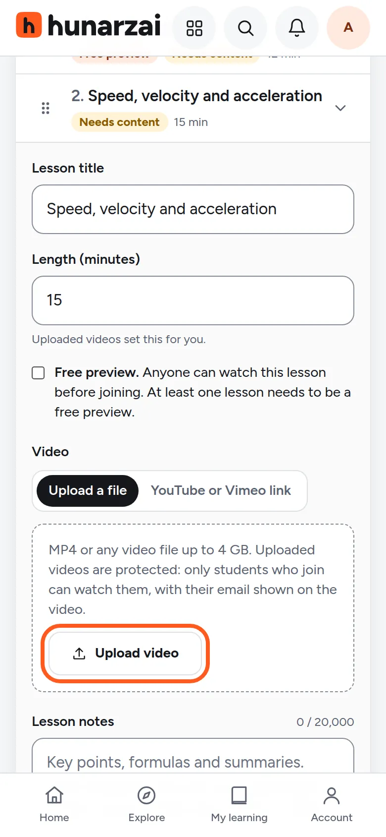 An open lesson with title, length, free preview and the video upload