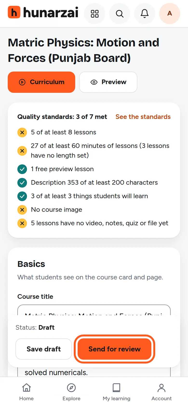 The course page with the Send for review button
