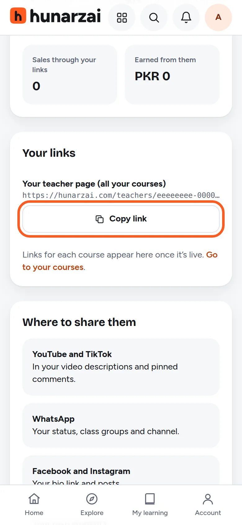 The Your links page with the Copy link button