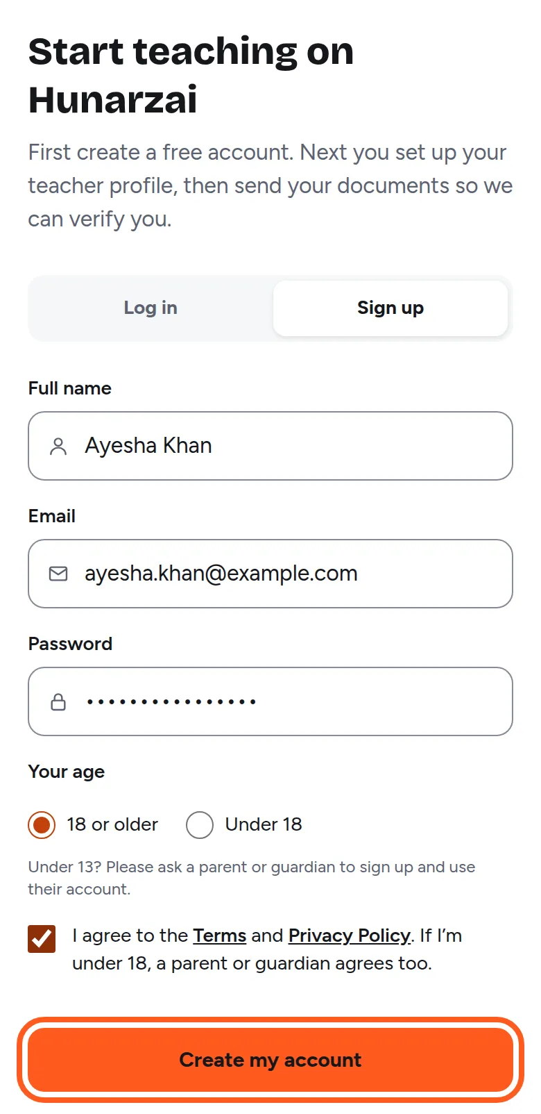 The sign-up form with full name, email, password, age and terms