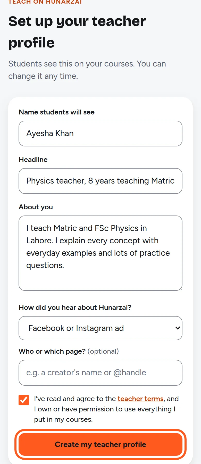 The teacher profile form with name, headline and about you