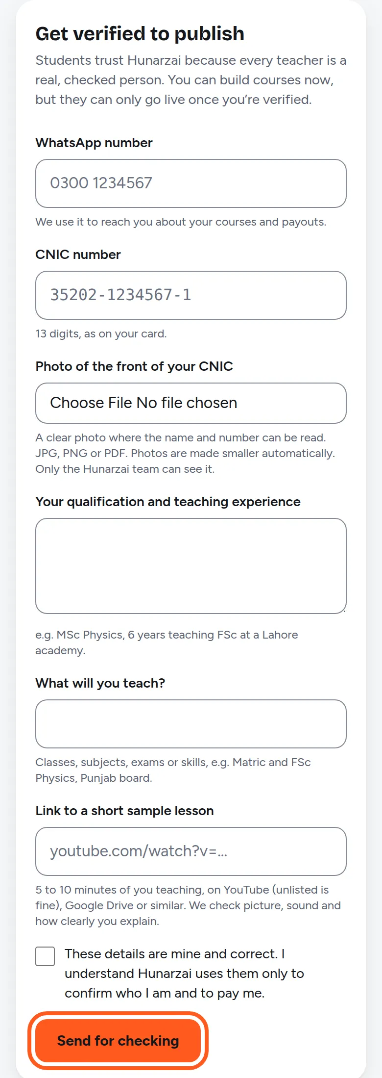 The Get verified form with CNIC, WhatsApp, qualification and sample lesson