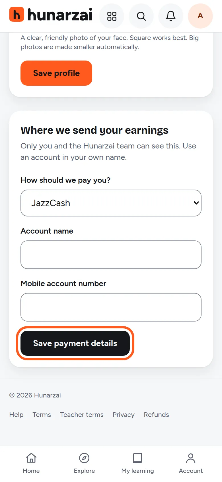 The payment details form with JazzCash, Easypaisa or bank